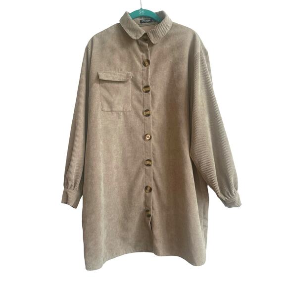 Nasty Gal Beige Corduroy Collar Button Up Oversized Shacket with Front Pocket - Picture 1 of 9